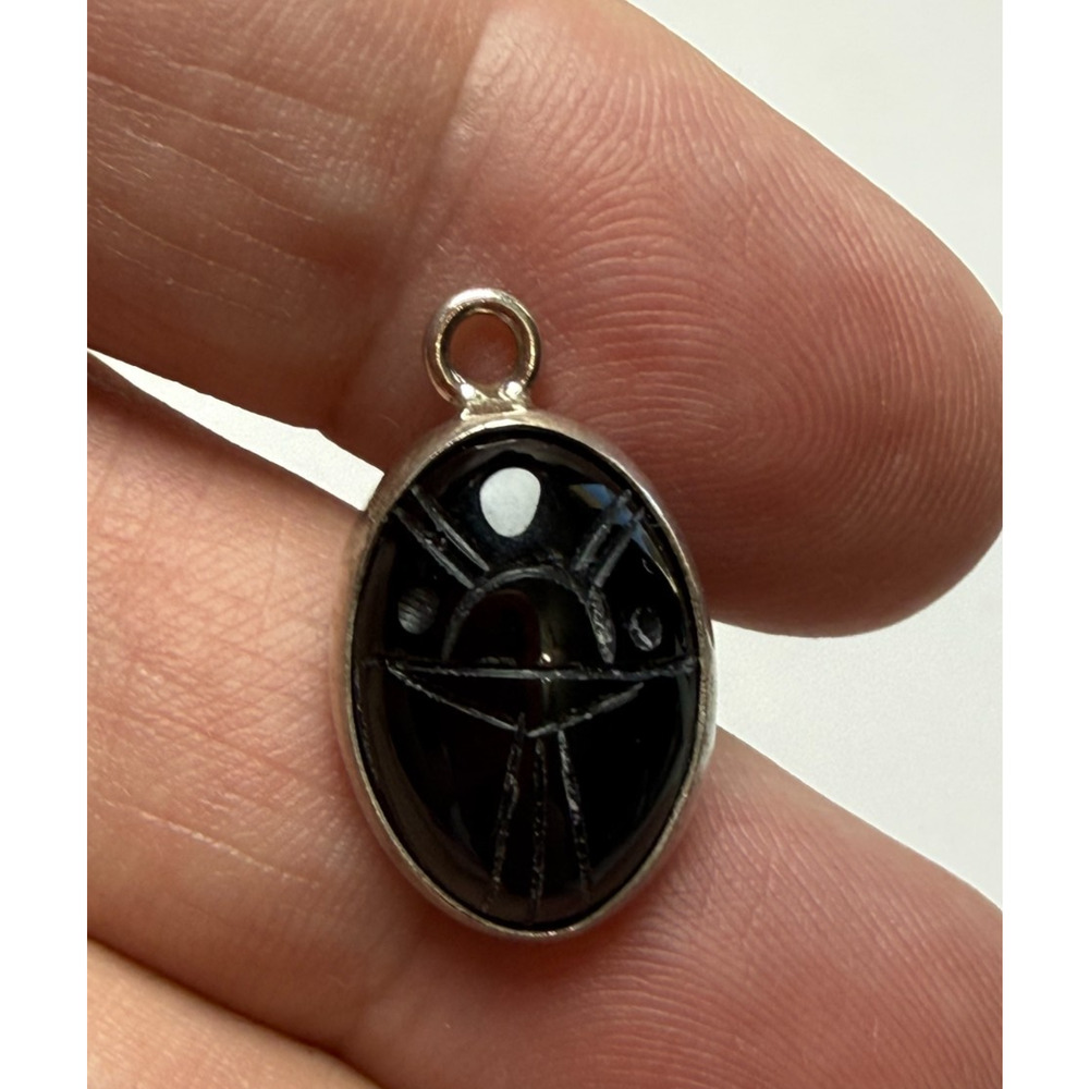 Sterling Silver 925 Carved Scarab Beetle Pendant Black Onyx Gemstone Small Egypt